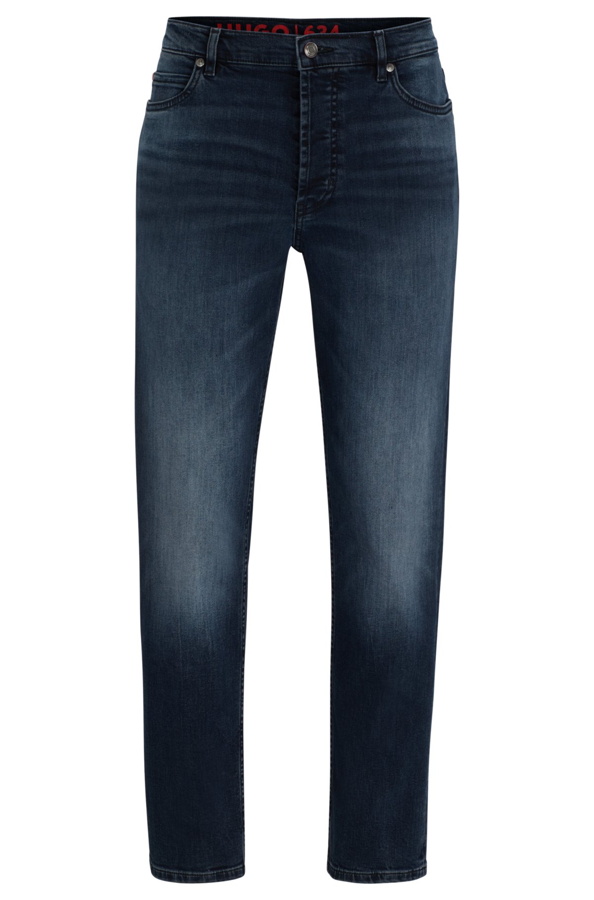 HUGO - Denim regular-fit jeans with stacked-logo jacquard