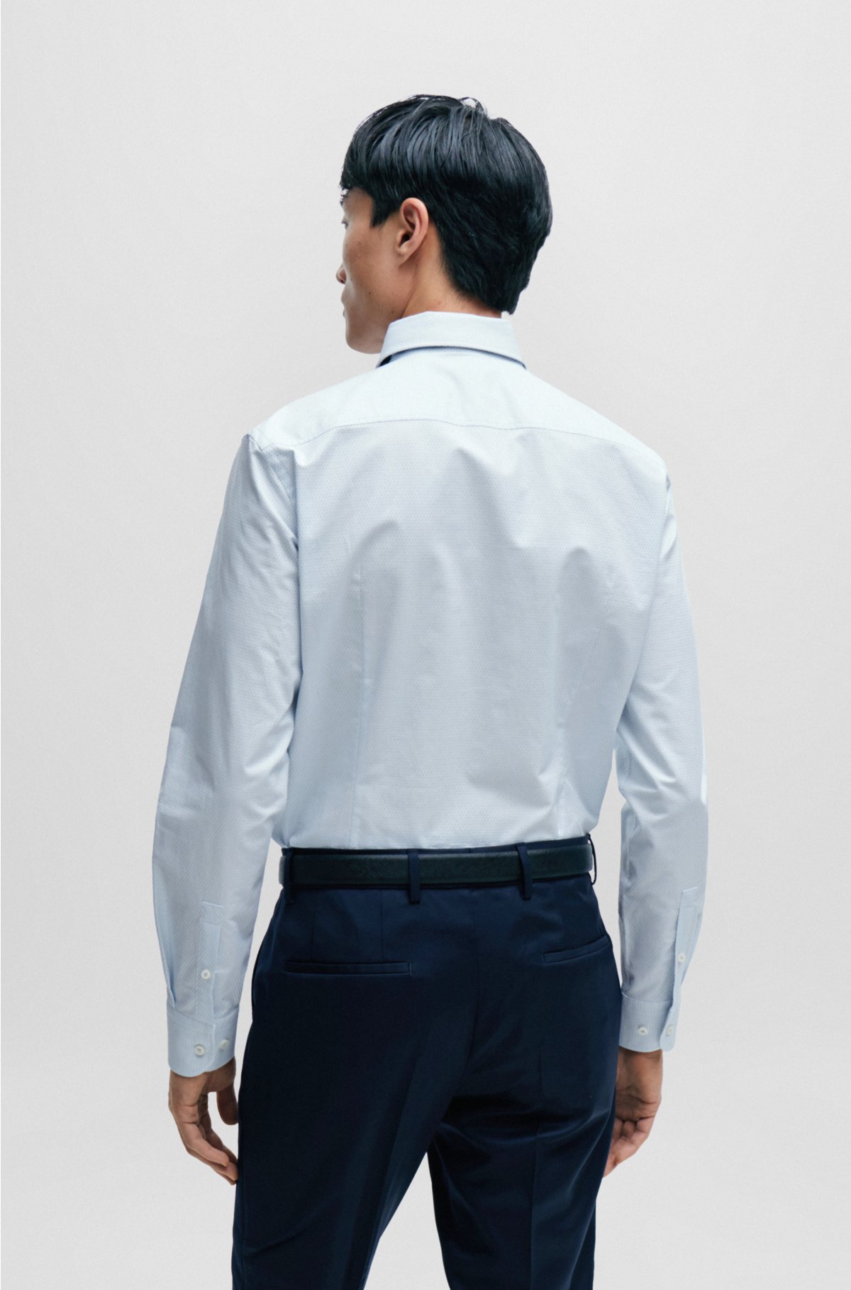 Slim-fit shirt in easy-iron structured stretch cotton, Light Blue