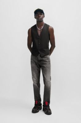 HUGO - テーパードフィットジーンズ ブラック リジッドデニム 