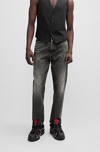 Jeans con fit affusolato in denim rigido nero, Grigio scuro