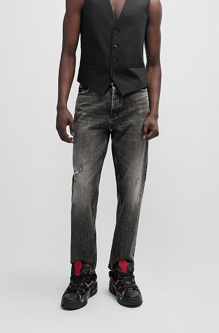 Tapered-fit jeans in black rigid denim, Dark Grey