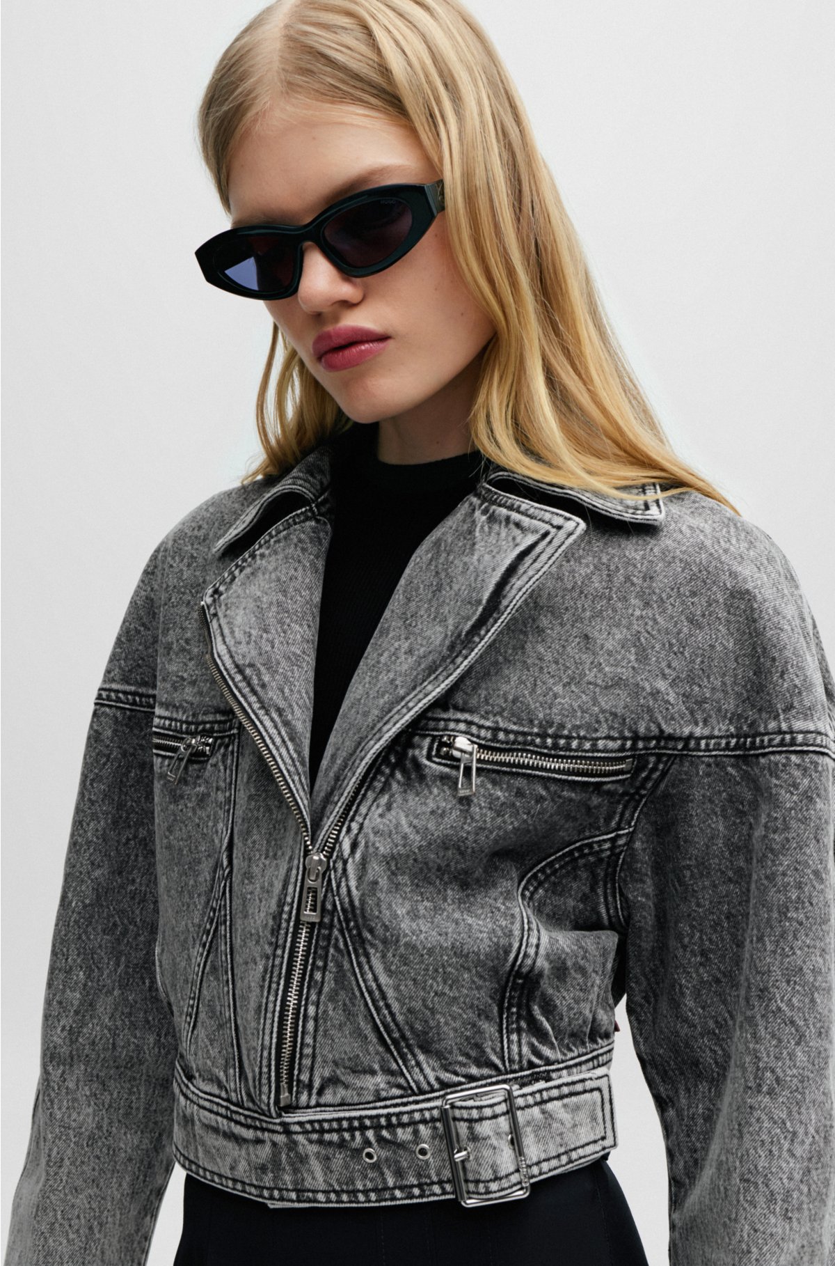 Oversized-fit biker jacket in grey denim, Dark Grey