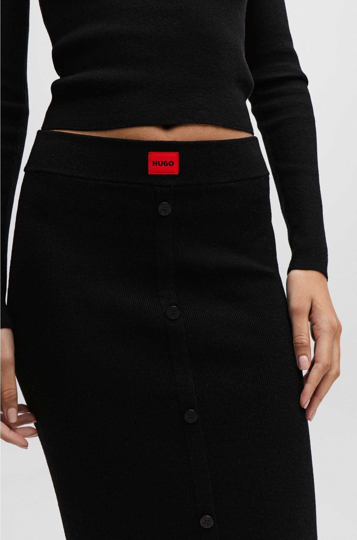Ribbed-knit midi skirt with button front, Black