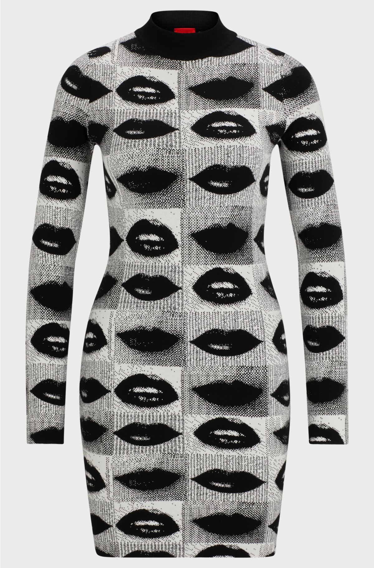 Mock-neck tube dress with lips jacquard, Patterned