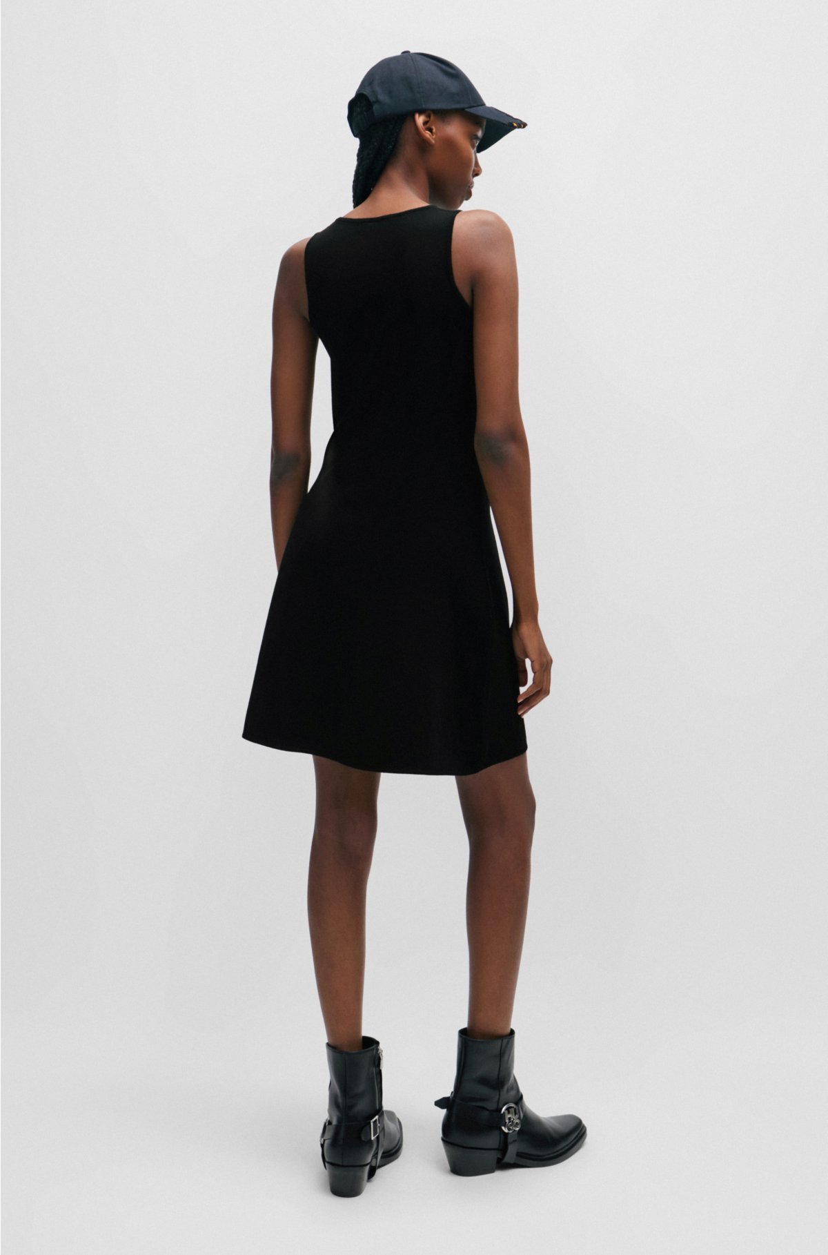 Fit-and-flare sleeveless dress with seam details, Black