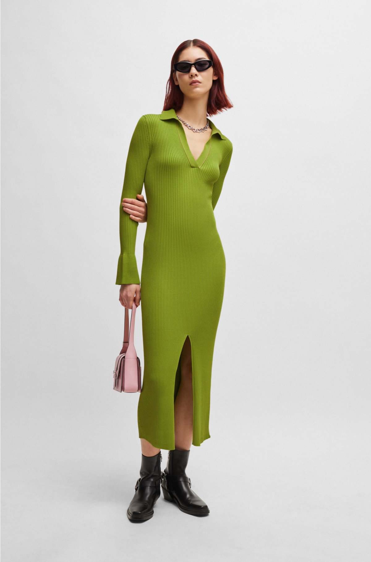 Front-slit polo dress in ribbed crepe, Light Green