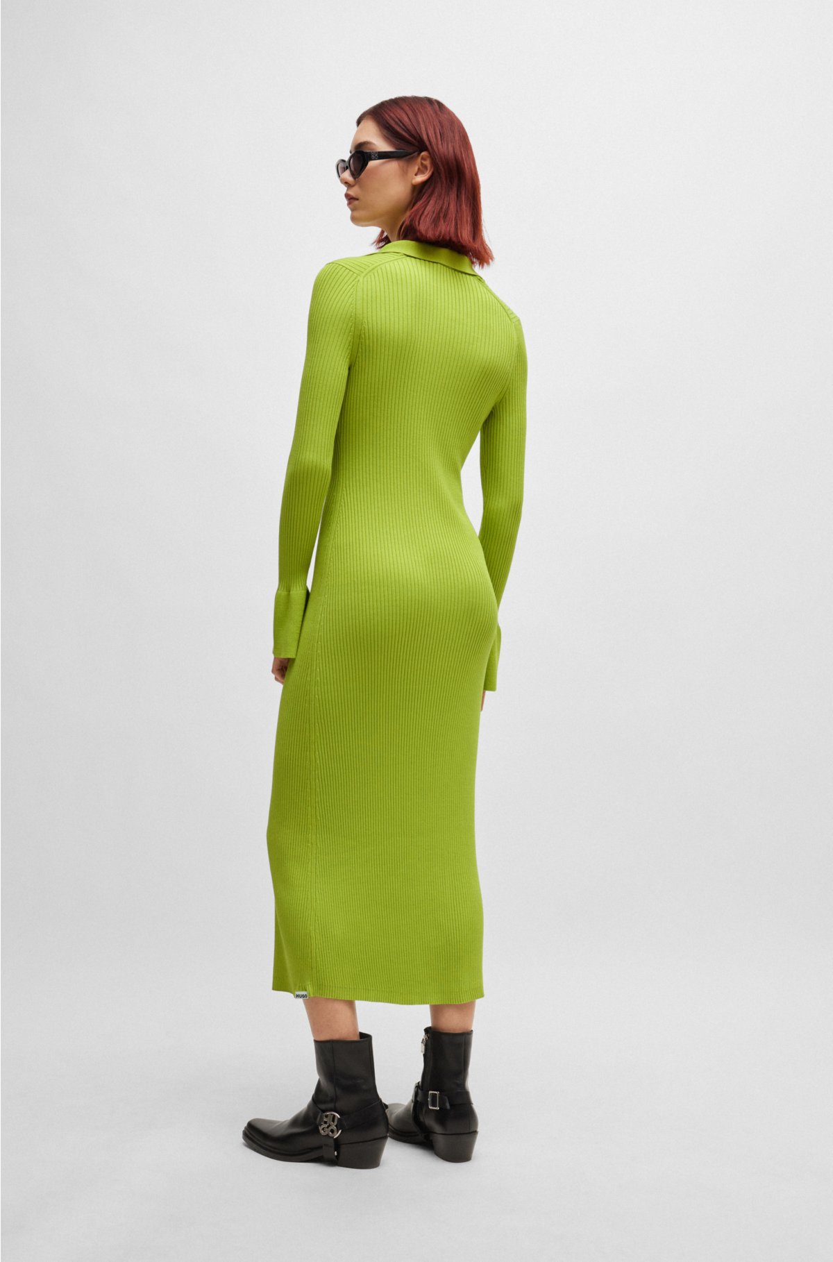 Front-slit polo dress in ribbed crepe, Light Green