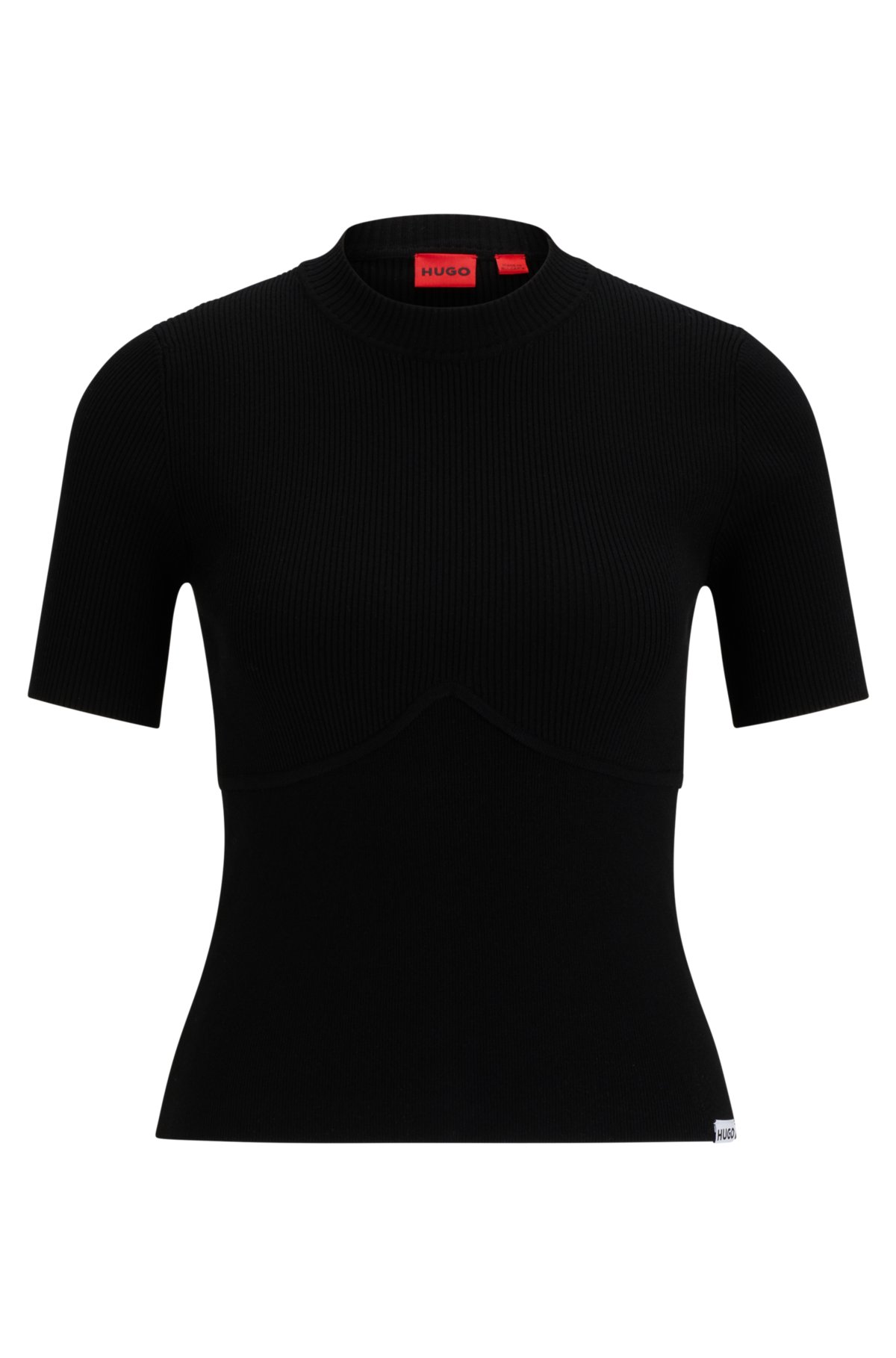 Slim-fit short-sleeved sweater with seam detail, Black