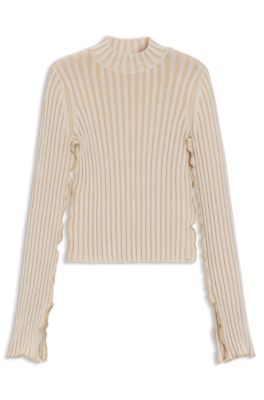 Mock-neck sweater in ribbed cotton with frilled seams, Light Beige