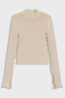 Mock-neck sweater in ribbed cotton with frilled seams, Light Beige