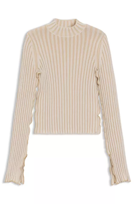 Mock-neck sweater in ribbed cotton with frilled seams