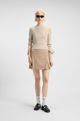 Mock-neck sweater in ribbed cotton with frilled seams, Light Beige