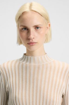 Mock-neck sweater in ribbed cotton with frilled seams, Light Beige