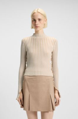 Mock-neck sweater in ribbed cotton with frilled seams, Light Beige
