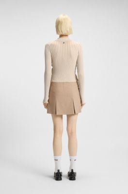Mock-neck sweater in ribbed cotton with frilled seams, Light Beige