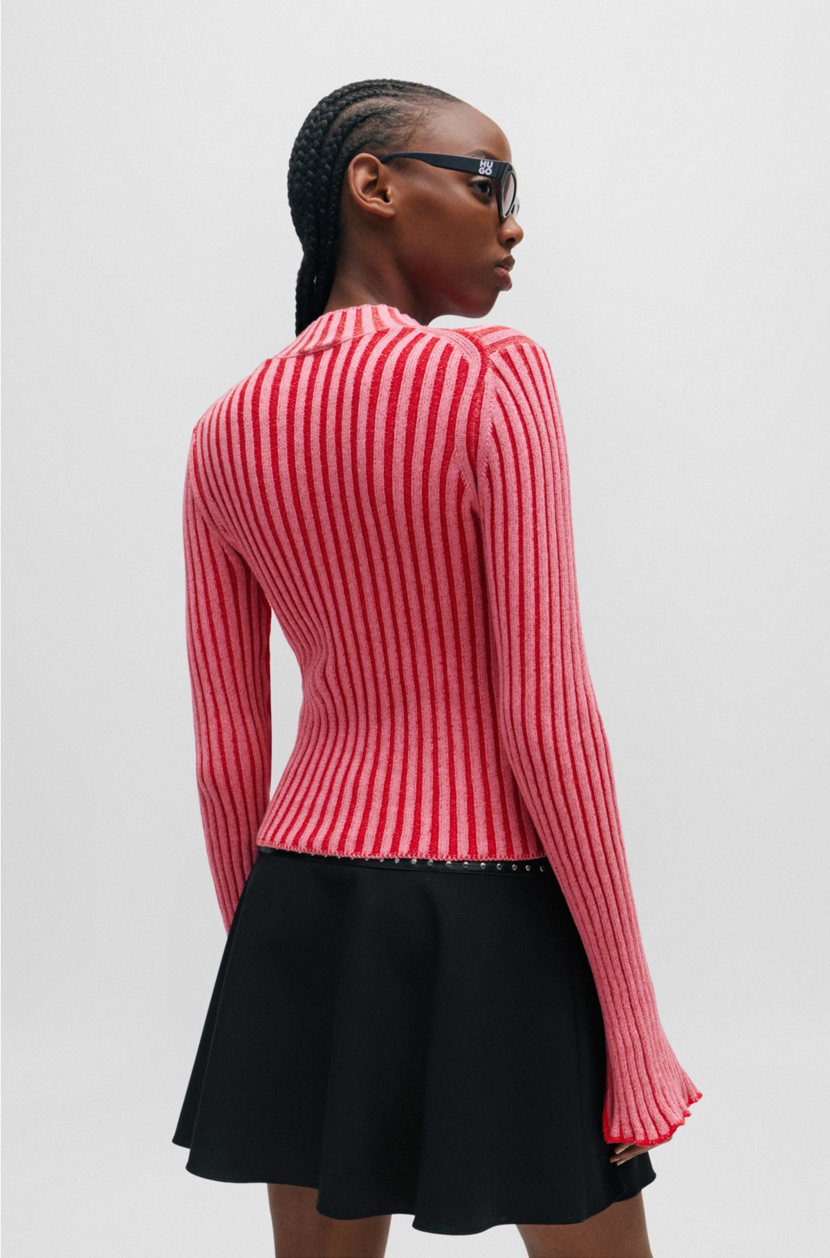 Mock-neck sweater in ribbed cotton with frilled seams, Pink