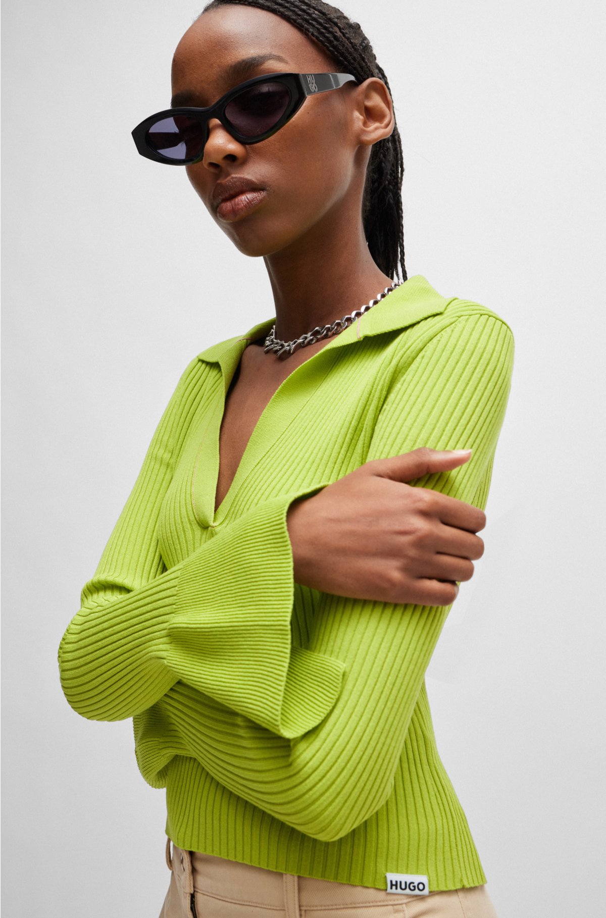 Slim-fit polo sweater in ribbed crepe, Neon Green
