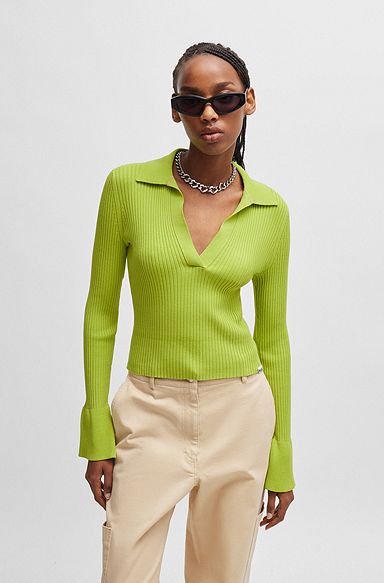 Slim-fit polo sweater in ribbed crepe, Green