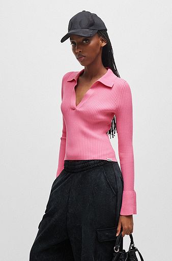 Slim-fit polo sweater in ribbed crepe, light pink