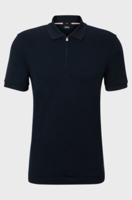 Structured-cotton slim-fit polo shirt with zip placket, Dark Blue