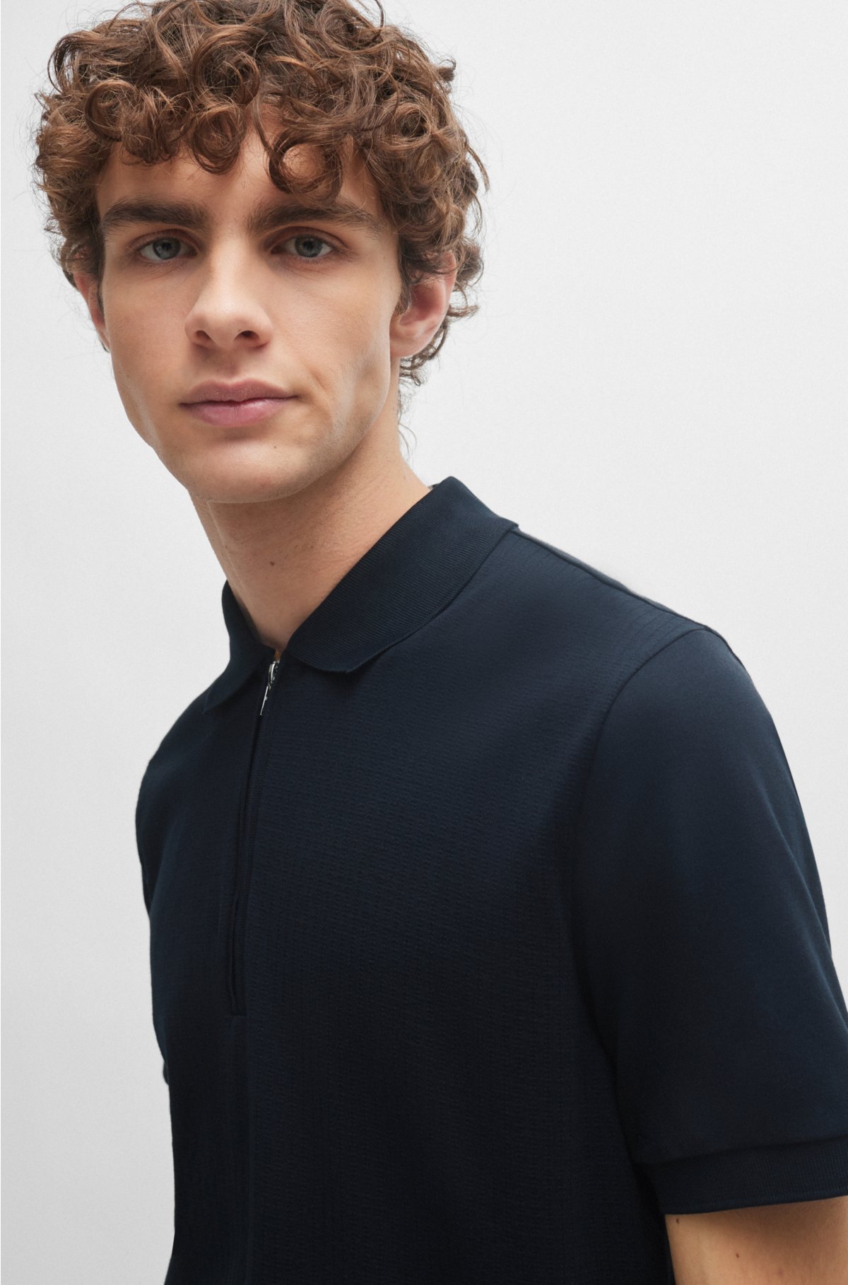 Structured-cotton slim-fit polo shirt with zip placket, Dark Blue