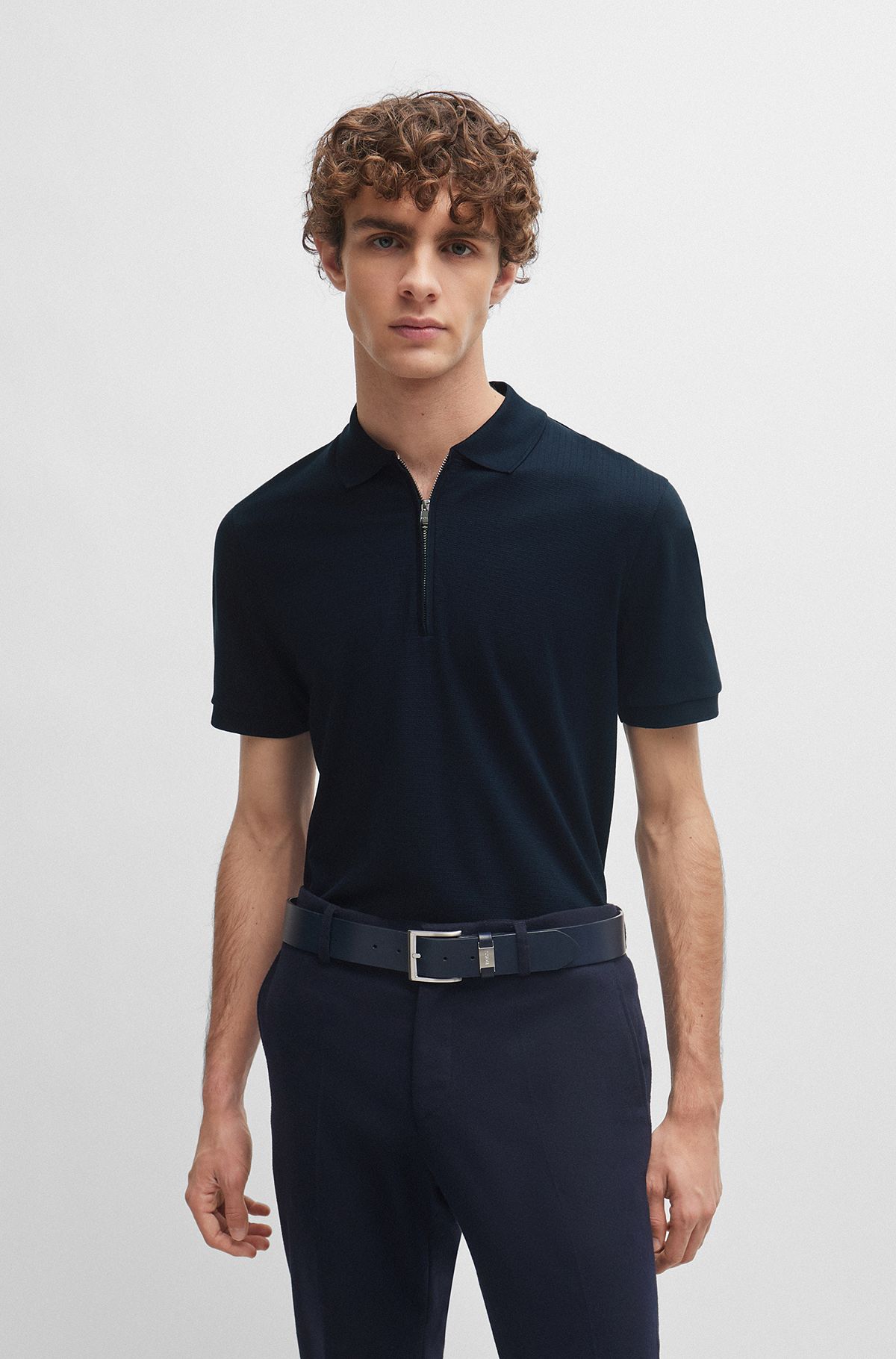 Structured-cotton slim-fit polo shirt with zip placket, Dark Blue