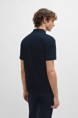 Structured-cotton slim-fit polo shirt with zip placket, Dark Blue