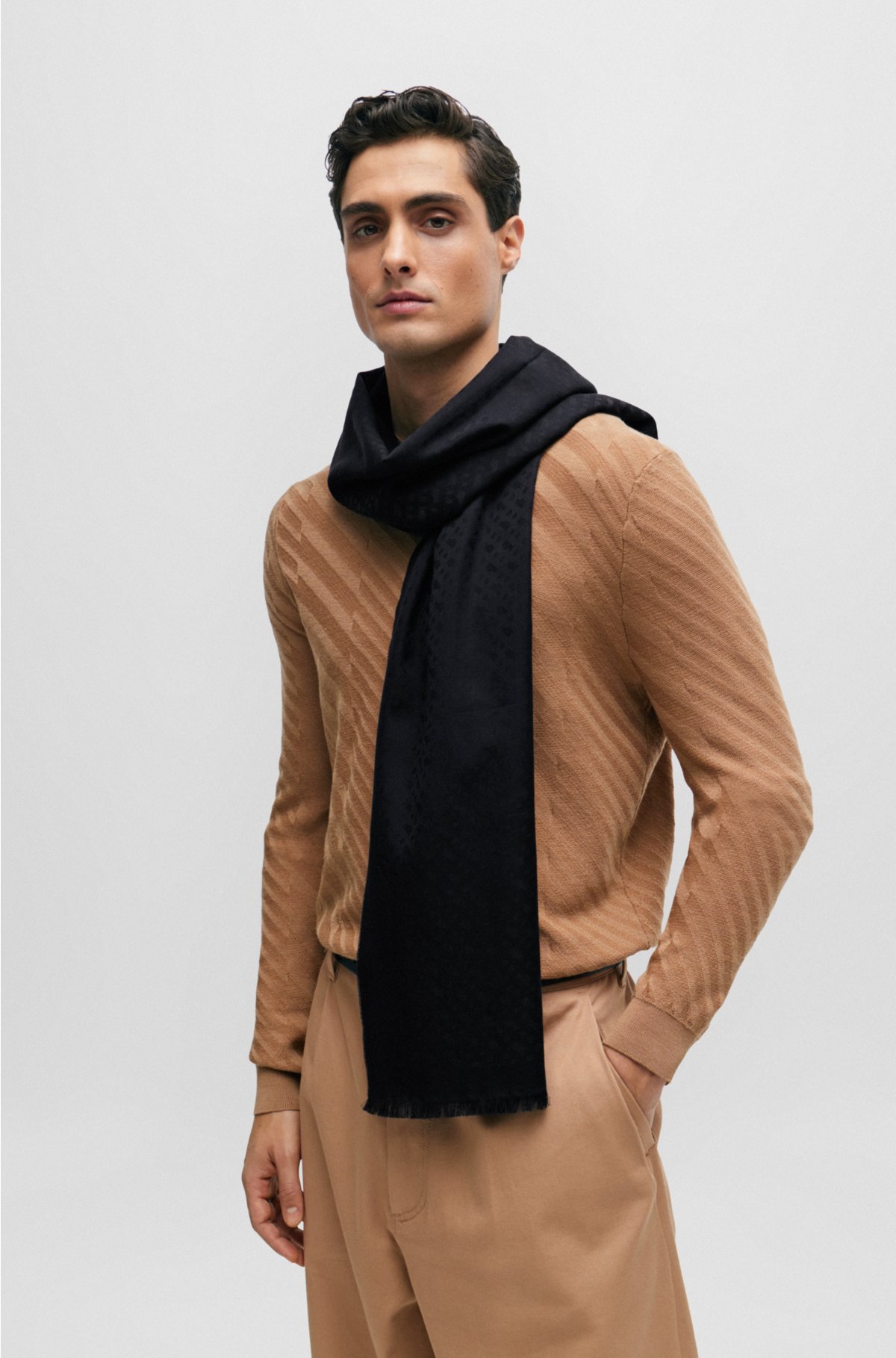 Cotton-blend scarf with jacquard-woven monogram pattern, Black