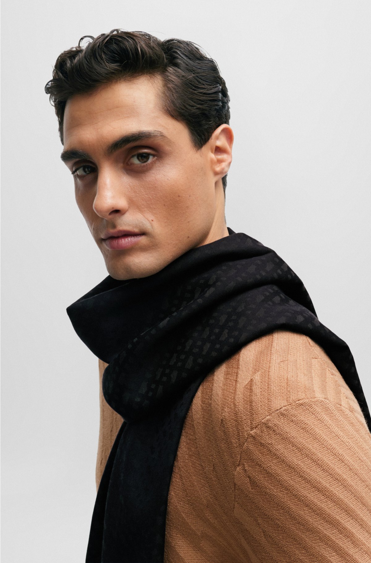 Cotton-blend scarf with jacquard-woven monogram pattern, Black