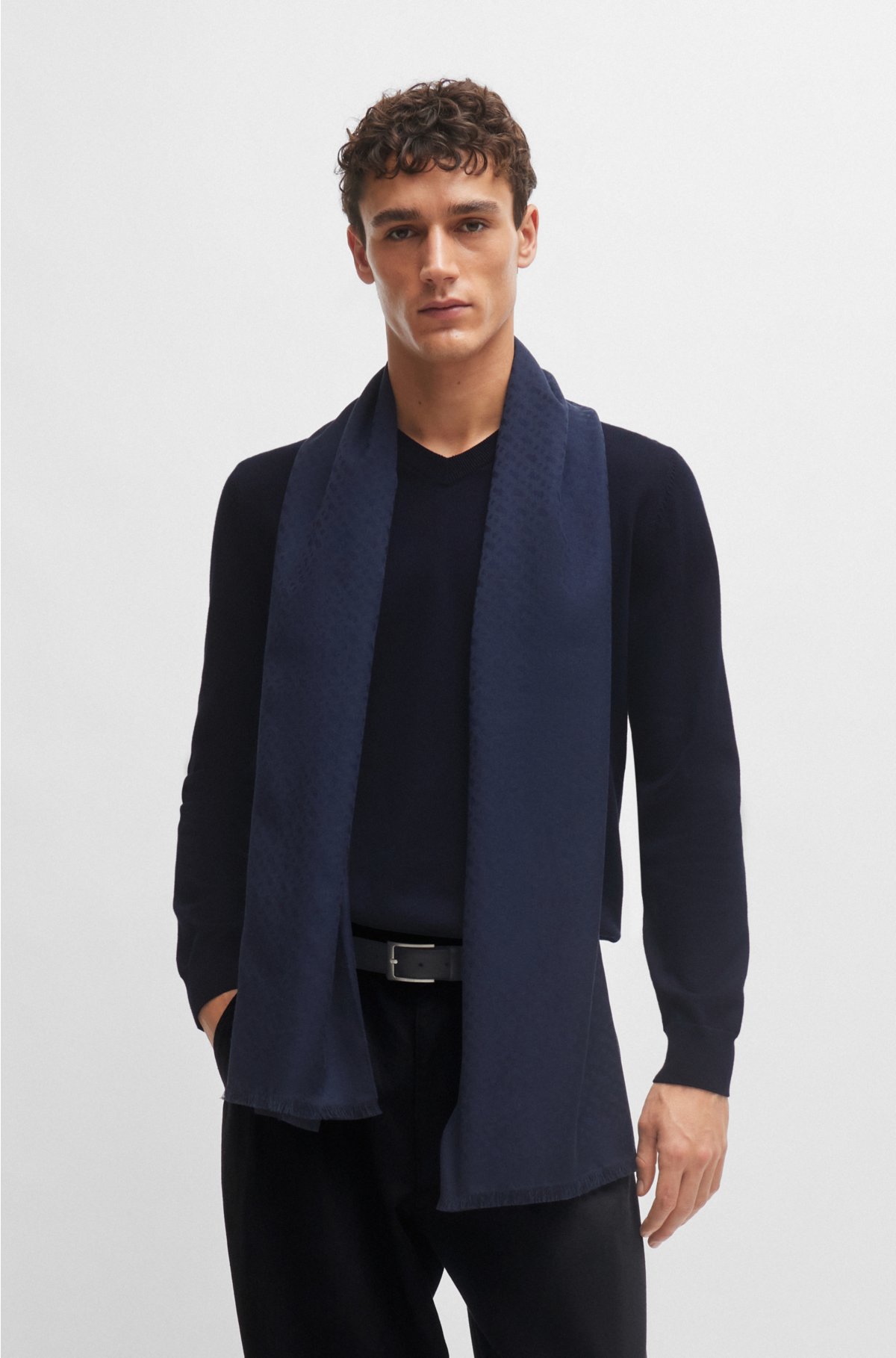 Cotton-blend scarf with jacquard-woven monogram pattern, Dark Blue