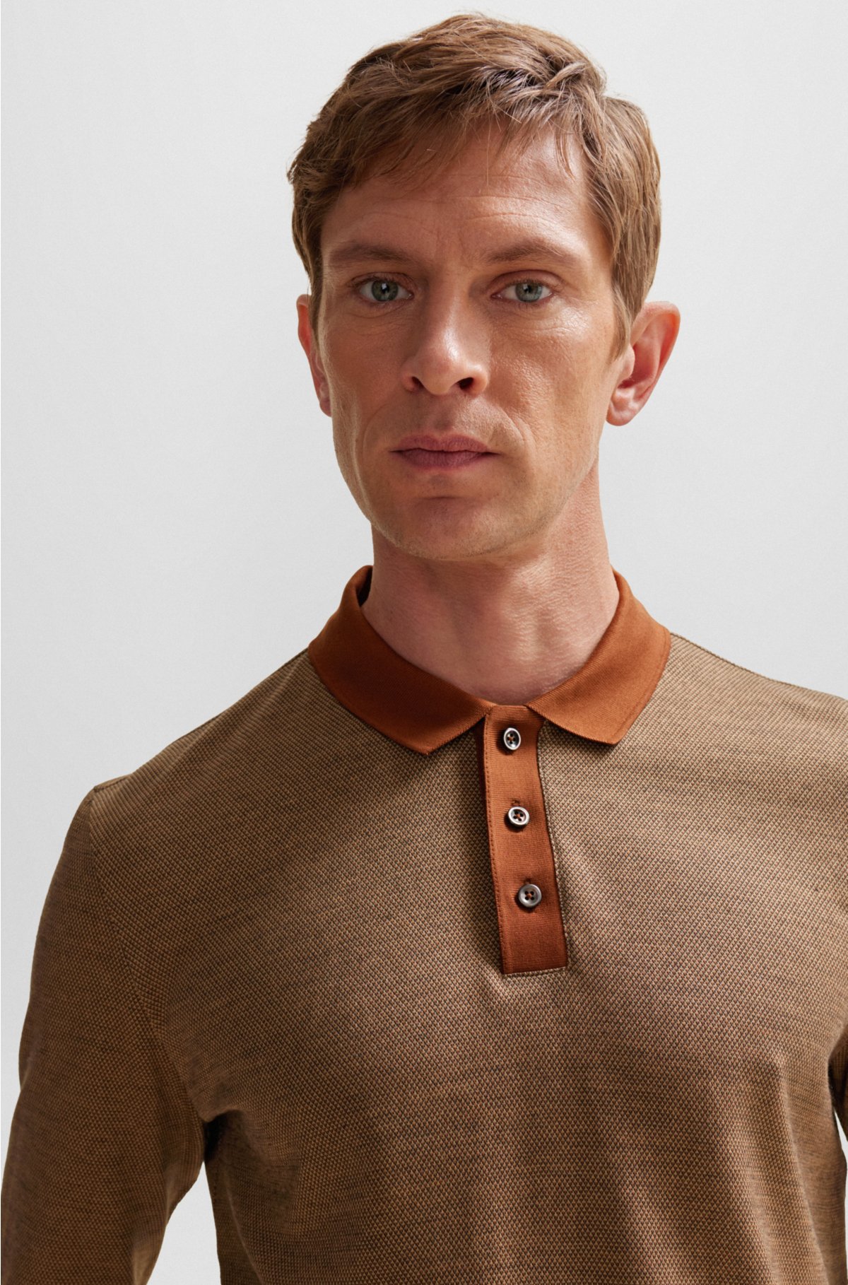 Geometric-pattern polo shirt in cotton and wool, Brown