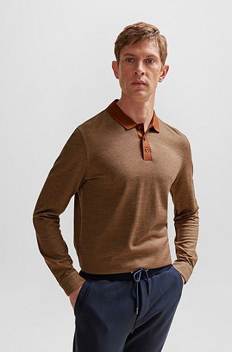 Polo en coton et laine à motif géométrique, Marron
