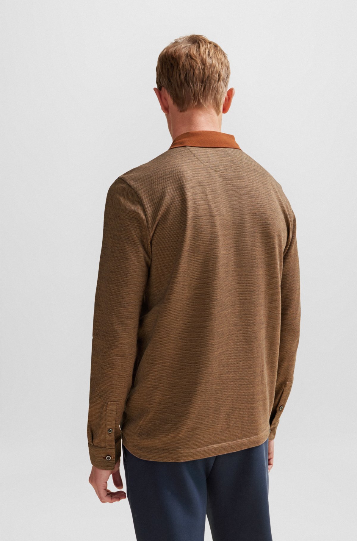 Geometric-pattern polo shirt in cotton and wool, Brown
