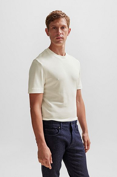 T-Shirt aus strukturiertem Baumwoll-Mix mit Seide, Weiß