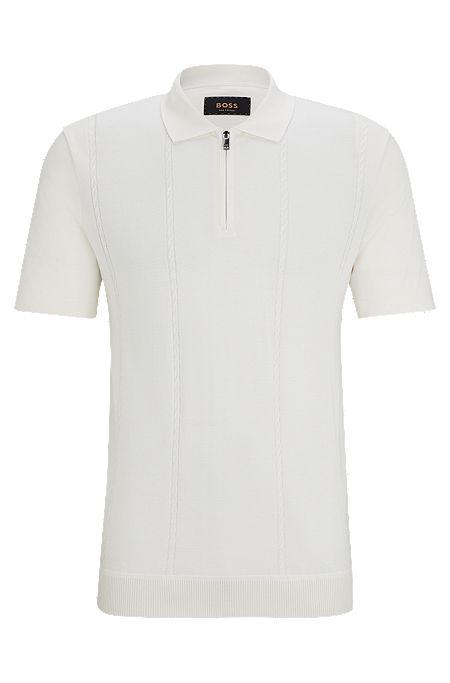 Poloshirt aus Seide und Baumwolle mit Reißverschluss am Kragen, Weiß