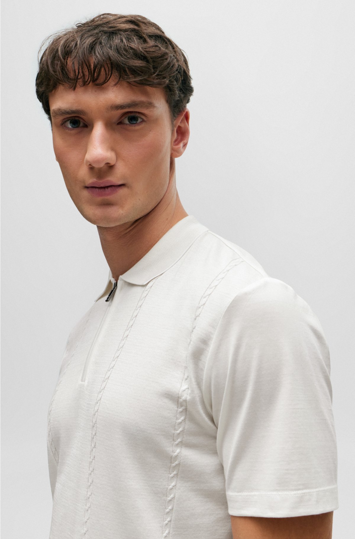 BOSS - Zip-neck polo shirt in cotton and silk