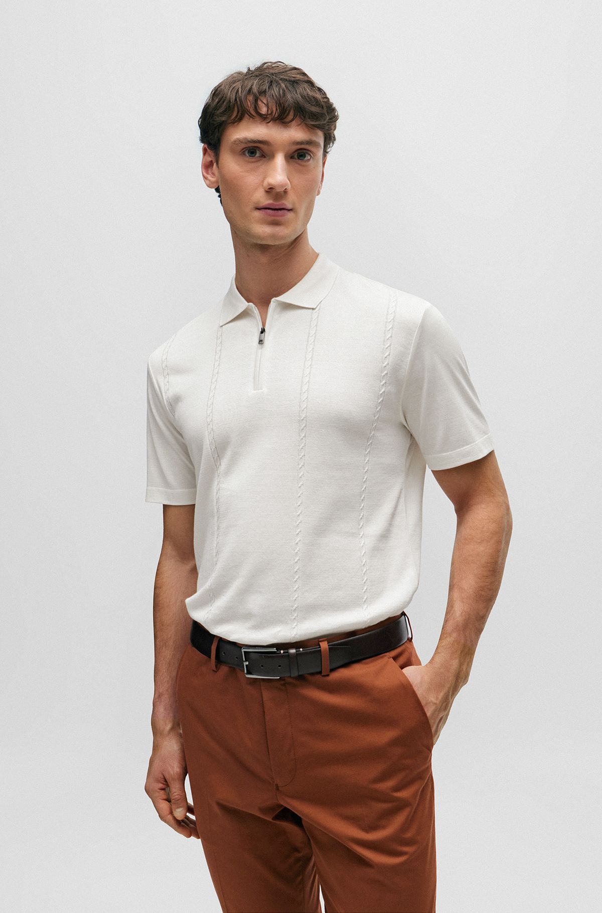 Zip-neck polo shirt in cotton and silk, White