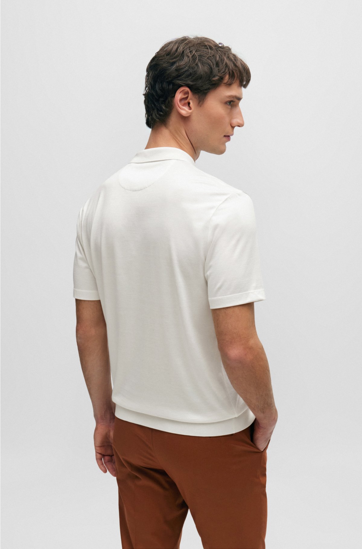 Zip-neck polo shirt in cotton and silk, White