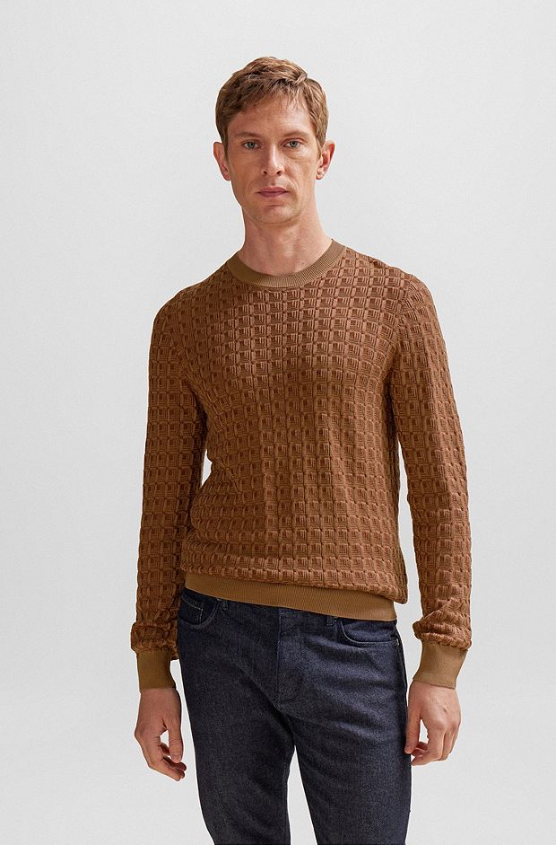 Regular-fit sweater in silk with geometric structure, Brown