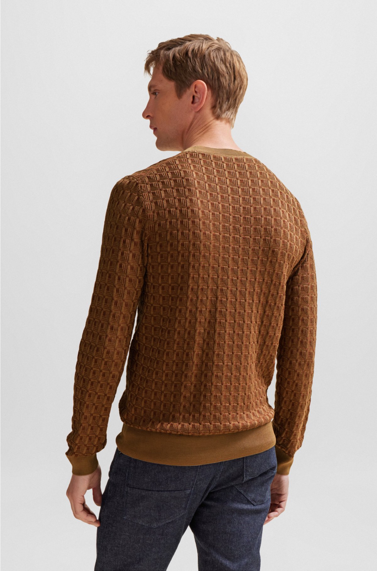 Regular-fit sweater in silk with geometric structure, Brown