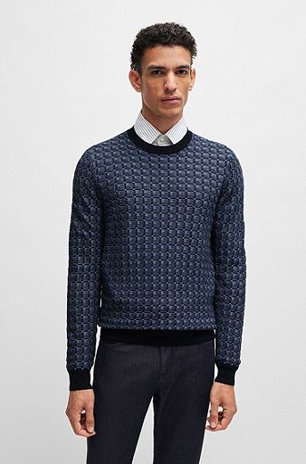 Regular-fit sweater in silk with geometric structure, Dark Blue