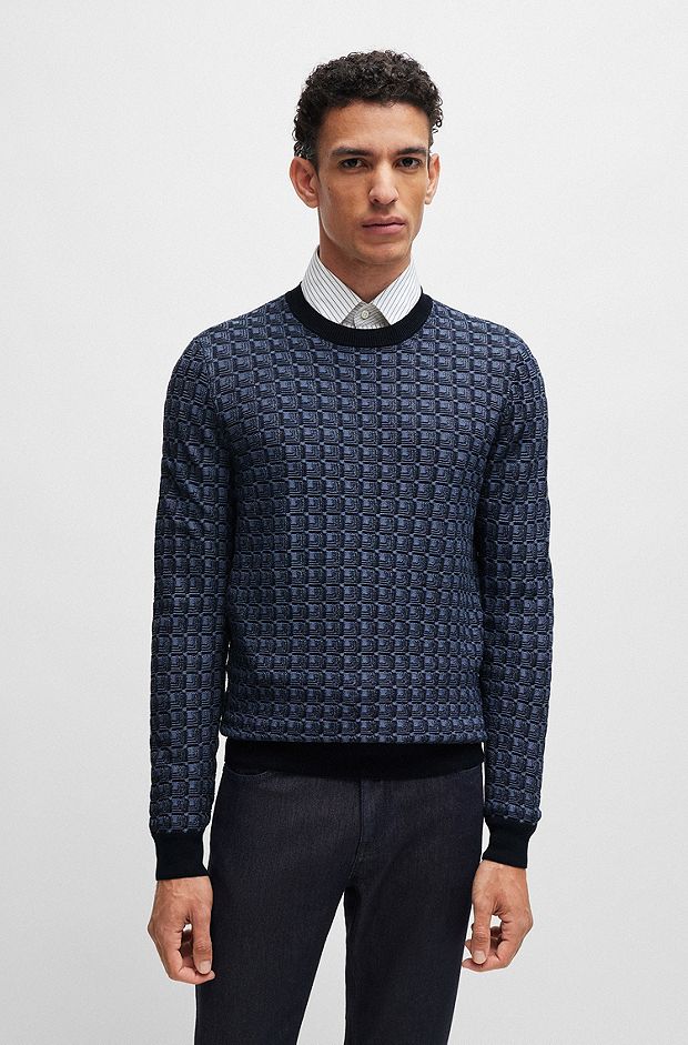 Regular-fit sweater in silk with geometric structure, Dark Blue