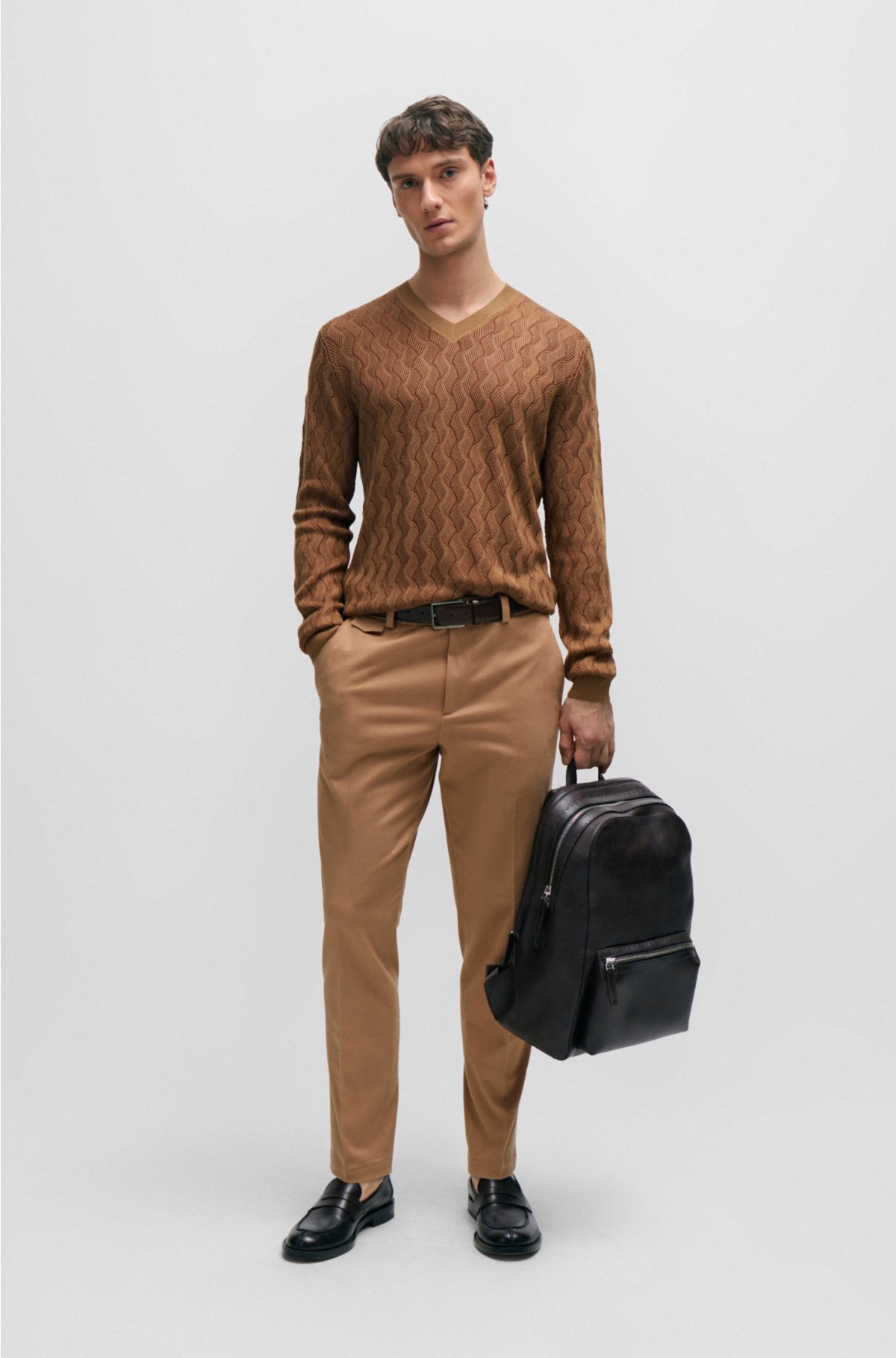 Aran-knit sweater in two-tone silk, Brown