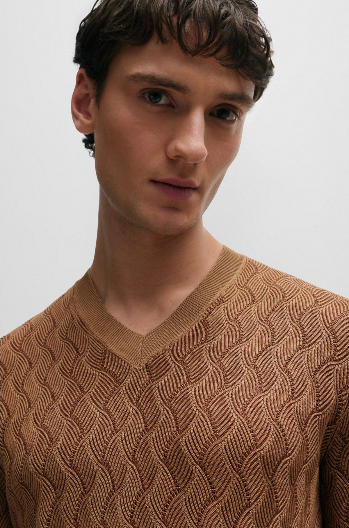 Aran-knit sweater in two-tone silk, Brown