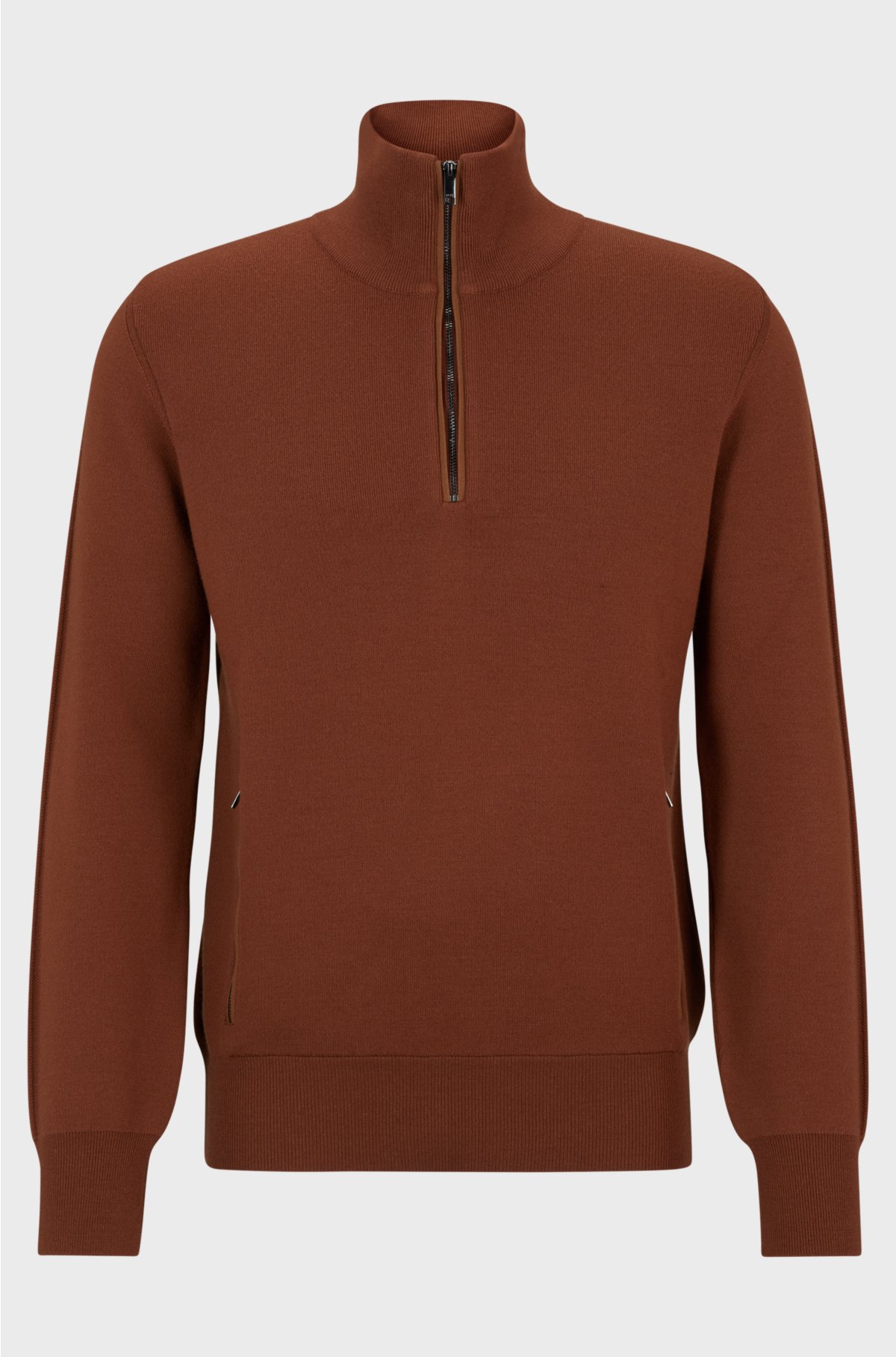 Zip-neck sweater in virgin wool with piped details, Brown