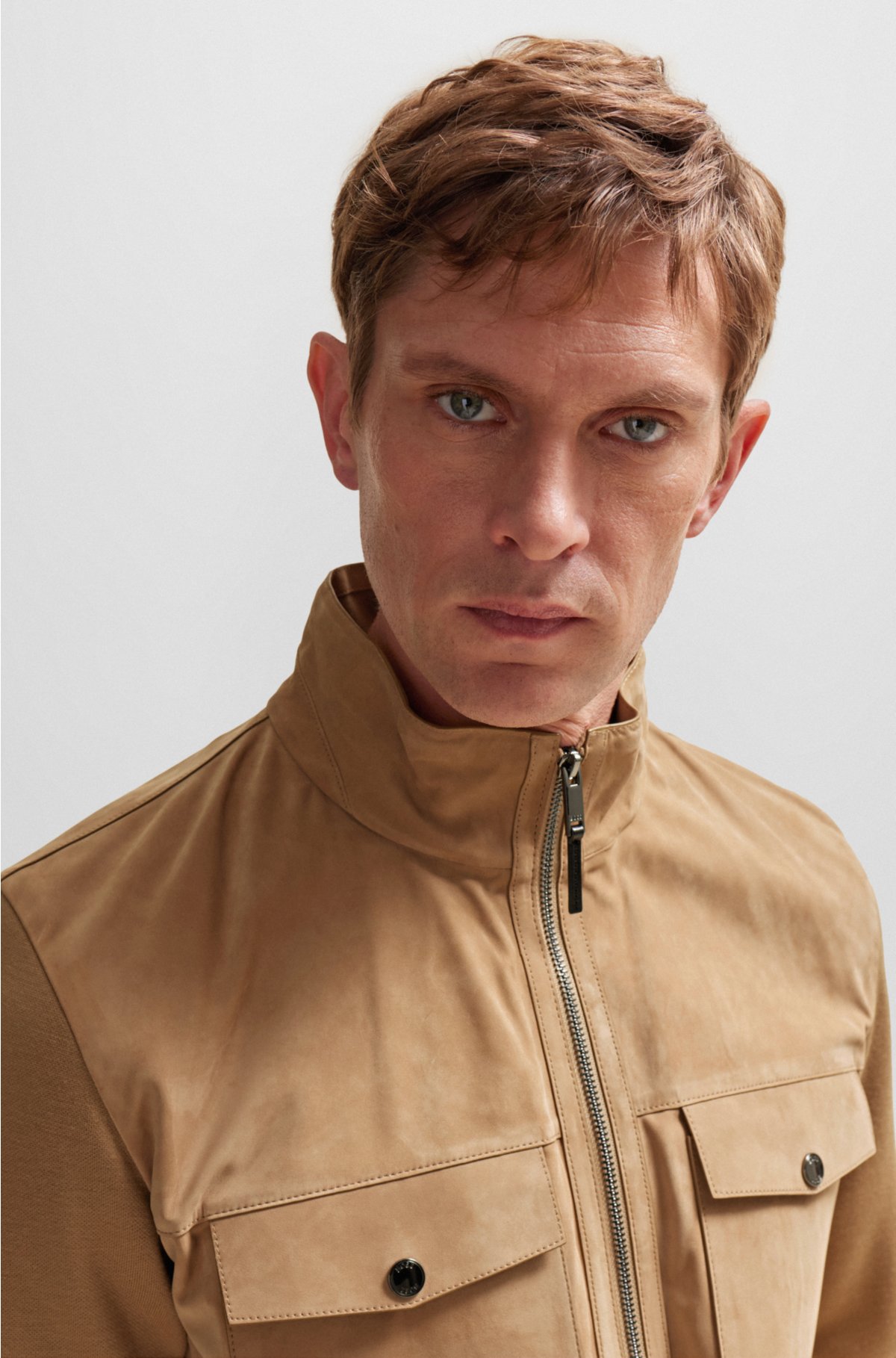 Nappa-leather regular-fit jacket with wool trims, Beige