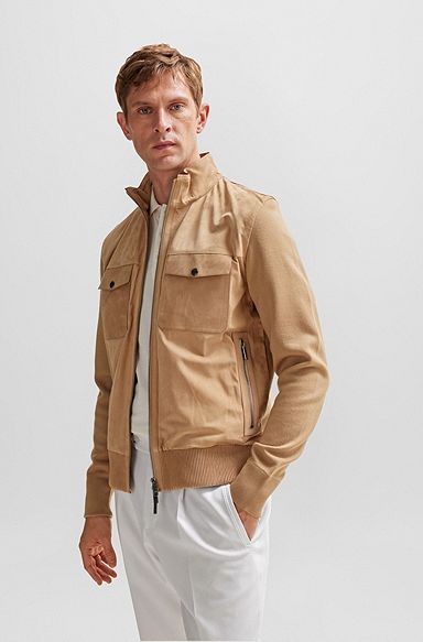 Nappa-leather regular-fit jacket with wool trims, Beige