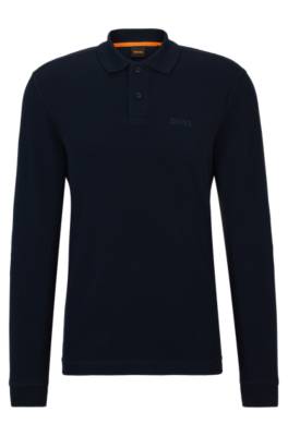 Hugo Boss Long-sleeved Polo Shirt With Embroidered Logo In Blue