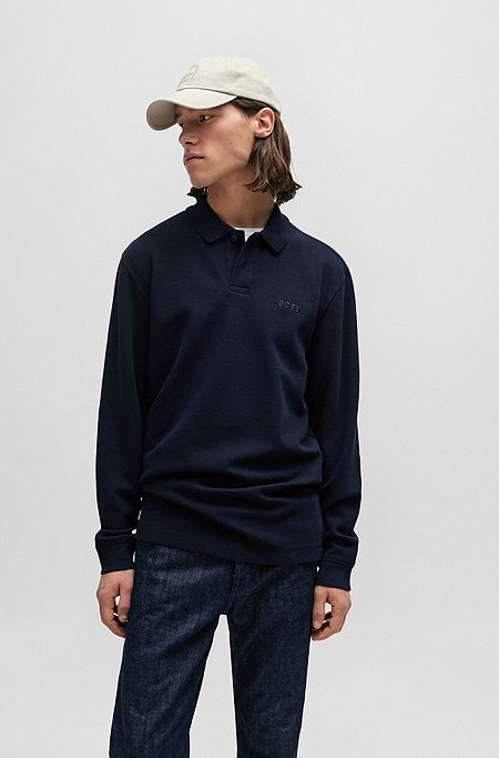 Long-sleeved polo shirt with embroidered logo, Dark Blue