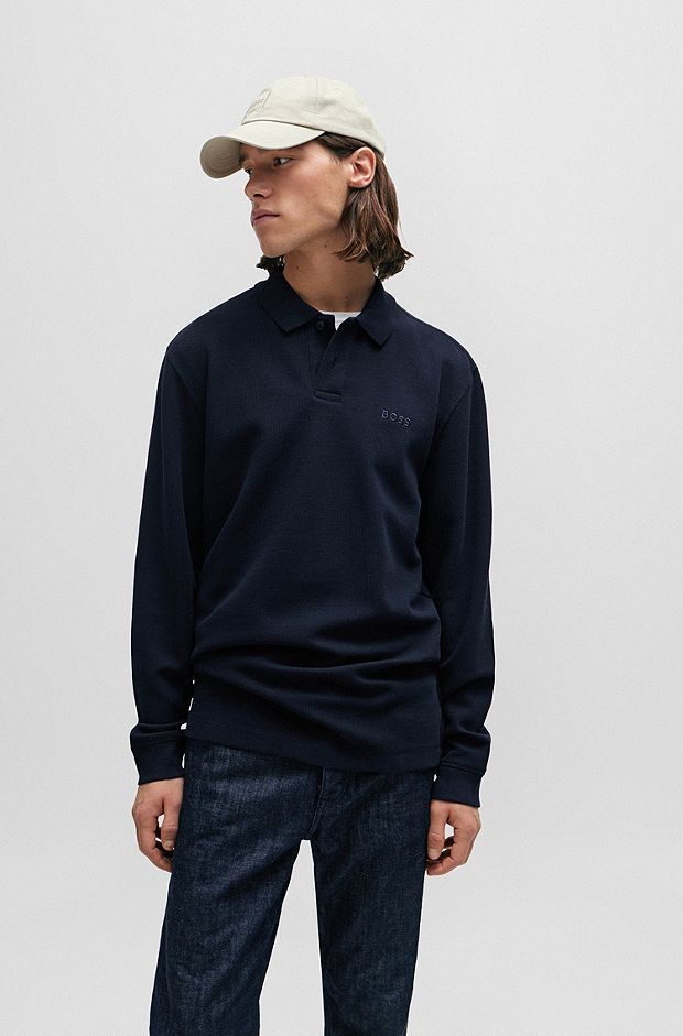 Long-sleeved polo shirt with embroidered logo, Dark Blue